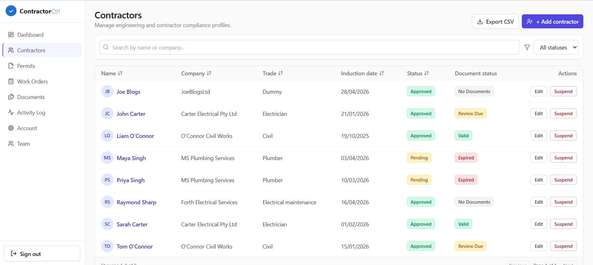 Contractor Register
